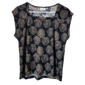 FOIL 100% Linen Printed Blouse Top XS Black Floral Geometric‎ Pattern